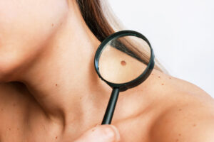 a woman checks a mole on her skin using the ABCDE's of skin health and a magnifying glass